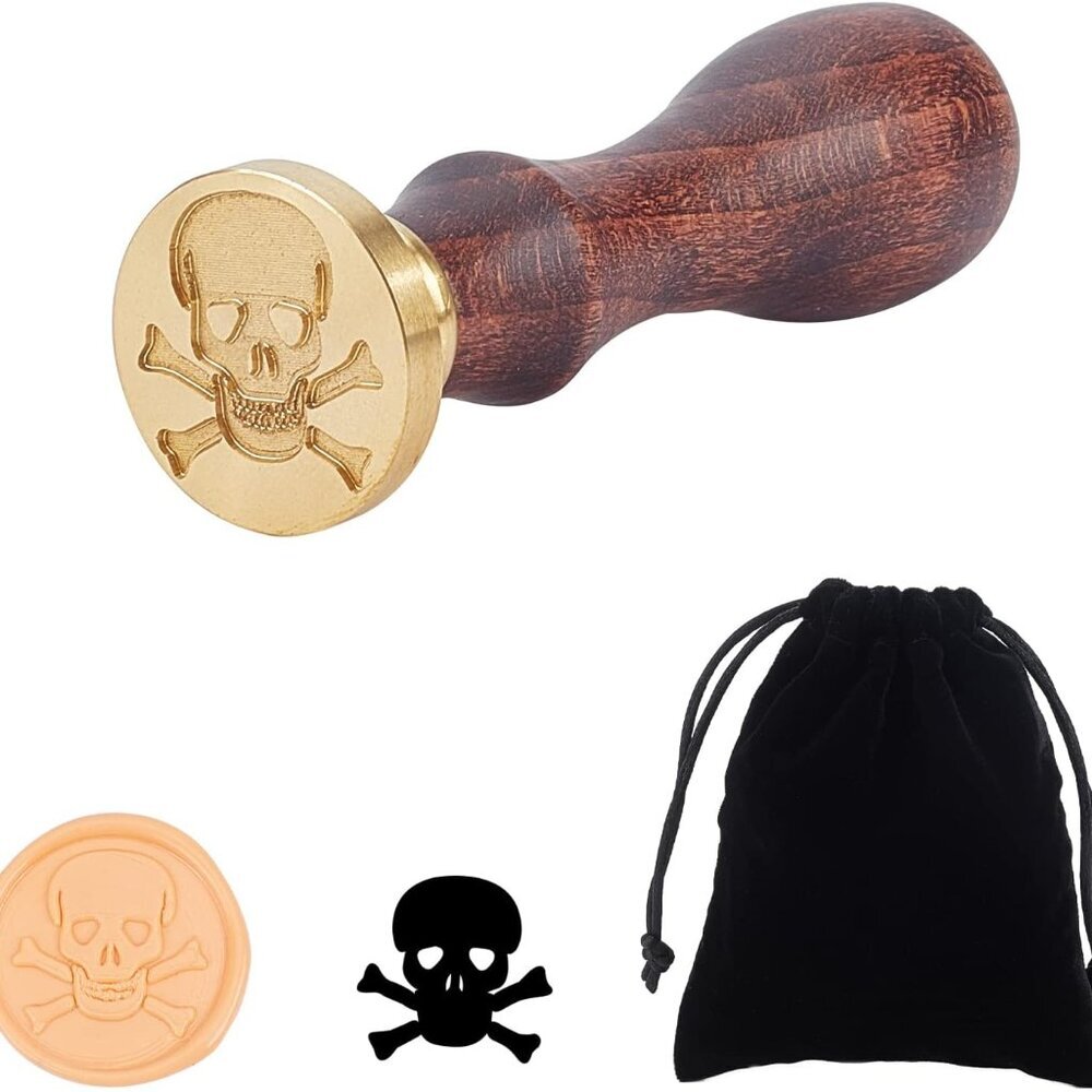 Skull Wax Stamp Skeleton Crossbones Sealing Stamp Halloween Stamp with Wooden Ha